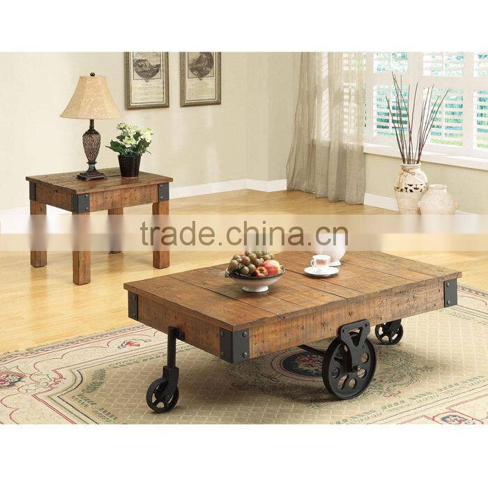 Distressed Wood Country Wagon Coffee Table with Wheels