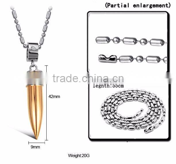 Top Quality Silver Black Gold 42*9mm Men's bullet stainless steel pendant necklace