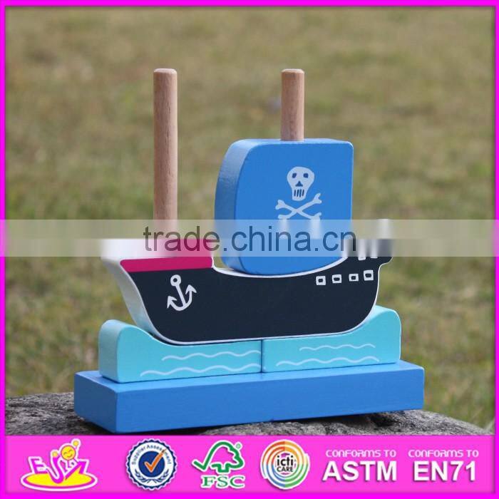 2017 new design pirate boat shape wooden stacking toys for 1 year old W13D134
