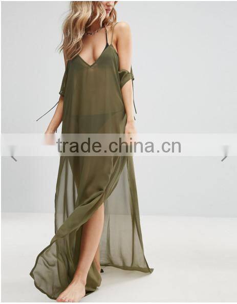 Summer New Style Sexy Plain V-neck Adjustable Straps Side Splits Olive Chiffon Floor-length Beach Kaftan with Cold Shoulders