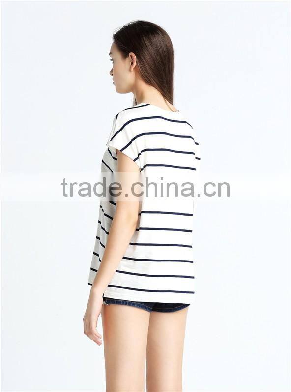 European American style leisure loose knitting minimalism round collar short sleeve stripe T-shirt
