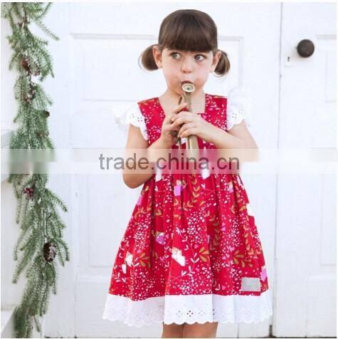 Wholesale Kids Christmas Chevron Clothing Girls Christmas Eyelet Lace Red Dress