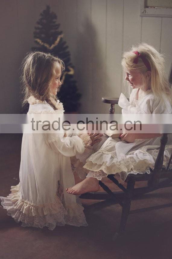 Girls Classic Long Sleeved Vintage Lace Embellished Nightgown Baby Kids Christmas Sleepwear 100% Cotton Lace Crochet Dress