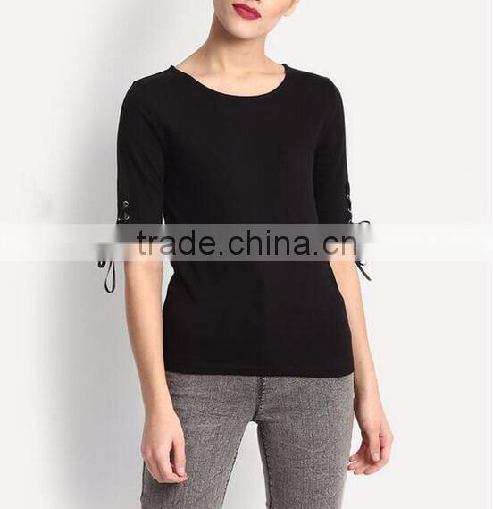 OEM lady blank t-shirt women tie up sleeve t shirt with wholesale price china