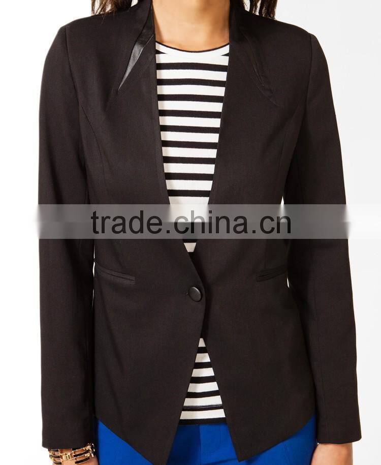 Collarless Faux Leather Blazer