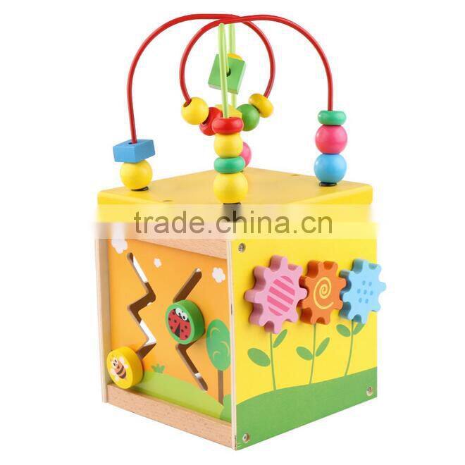 Wooden children's puzzle toy multifunction round bead box clock time cognition toys for kids