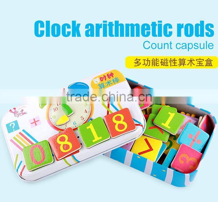 New magnetic wooden count rods arithmetic learning puzzle box with clock time cognition educational toys for kids