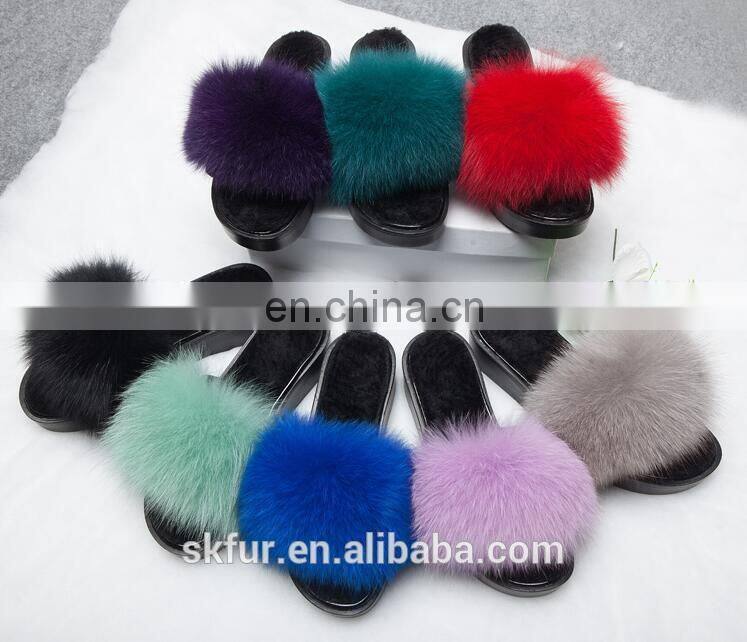 Factory supply stylish and soft real fox fur slide sandals for women