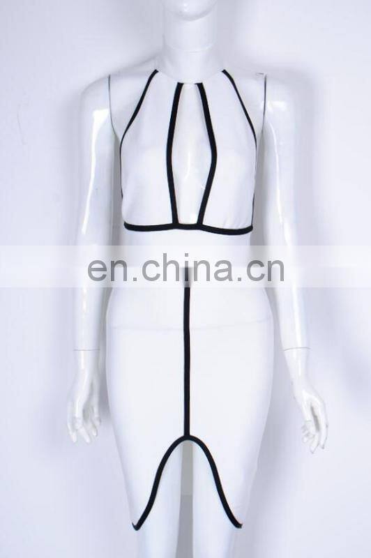 Amigo 2017 new designer white and black halter dew chest midi sexy high slit bandage dress evening dresses for women club wear
