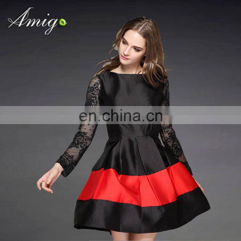 Top sale long lace sleeve with 2 color young lady Fluffy skirt dress