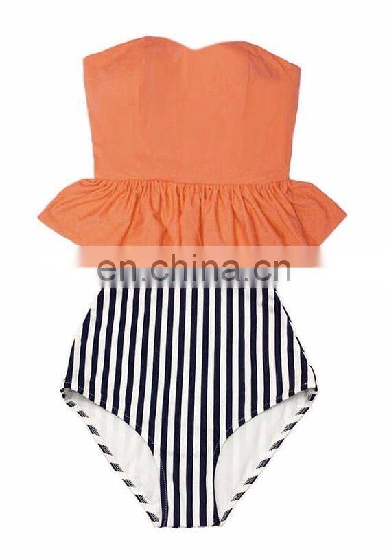 Long Peplum Top and Navy Blue White Striped Vertical High Waist Waisted Swimsuit Bikini set Bathing Swimwear