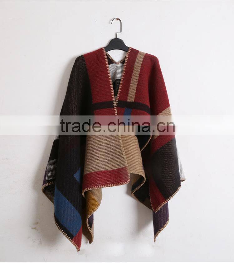 Wholesale New Winter Thicked Classical Assorted Color Plaid Jacquard Ladies Wool Poncho