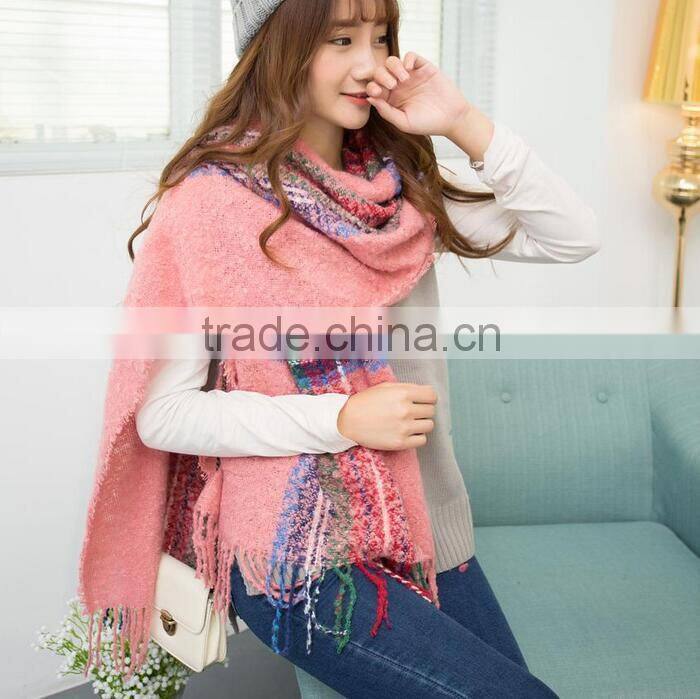 Winter Korean Lady Fashion Tassel Acrylic Plaid Cashmere Scarf Shawl