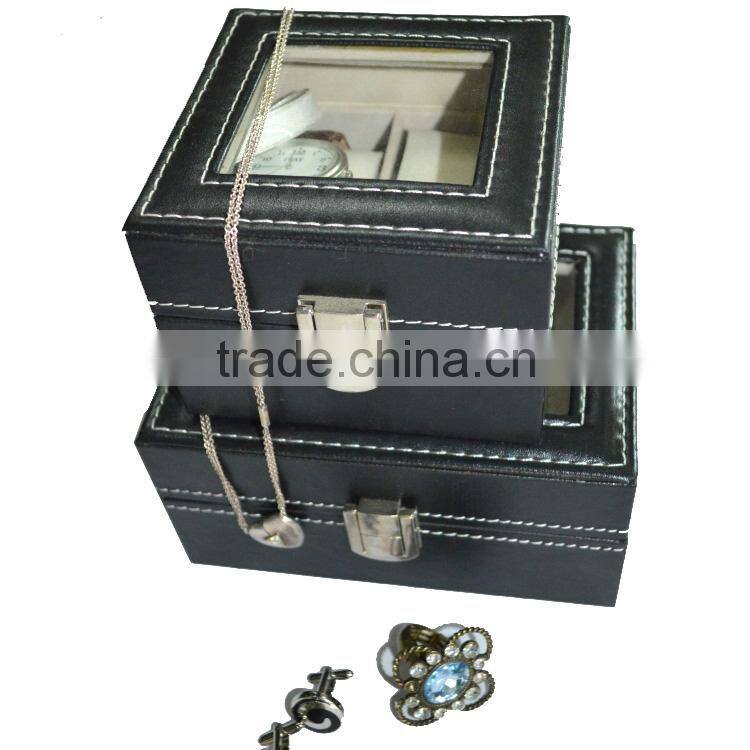Luxury PU Leather Seeing-through Top Wooden Watch Boxes With 2- 3 Slots
