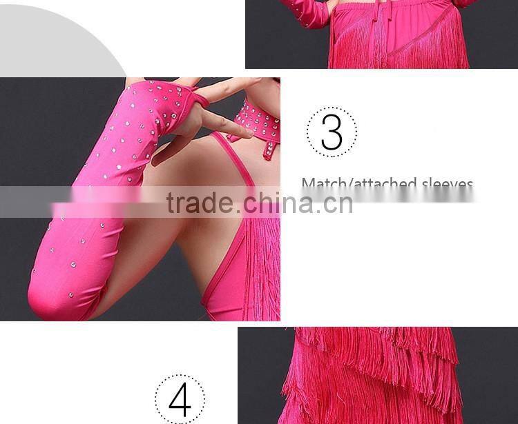 2016 Children Dance Skirt with Sleeves Sequins Latin Dresses Backless Fringe Children Latin Dance Dress for Girls Competition