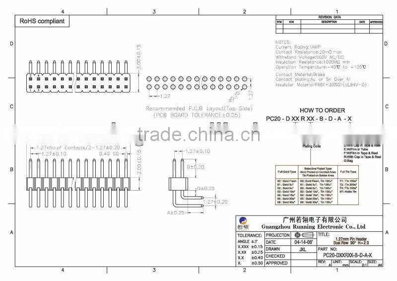 Double Row Right Angle 1.27mm Pin Header H=2.0