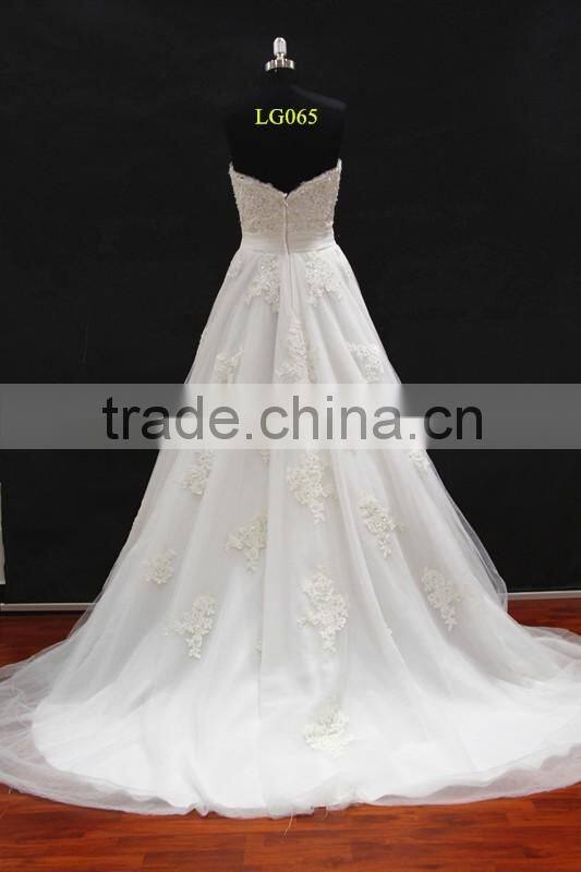 New beading lace appliques tulle drapping belt with beading trim sweetheart wedding dress