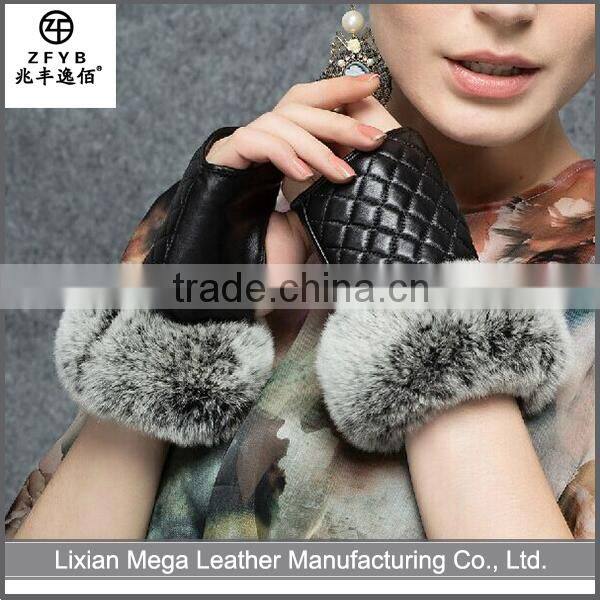 High quality cheap custom unlined rabbit fur purple color fingerless leather gloves