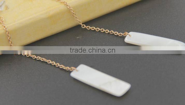 Gold Long Dangle Drop Chain With Rectangle Alloy Stone Earrings