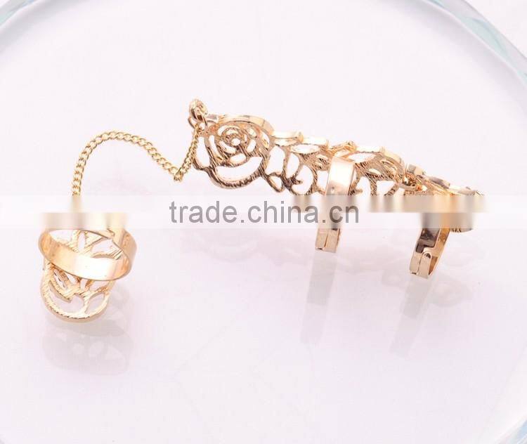 >>>2016 YIWU T&J New European style Vintage Punk Rings For Women Men Gold Plated rhinestone double finger chain Ring Sets/