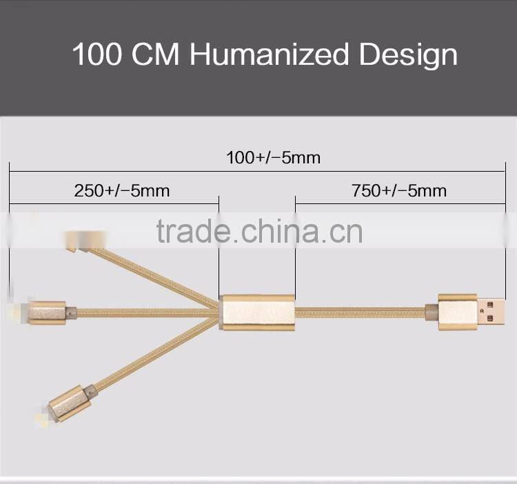 Highend 3 in 1 Mobile Phone cable 100cm micro usb Aluminum Alloy for Android& Iphone 5 cables Nylon Weave charging USB Line