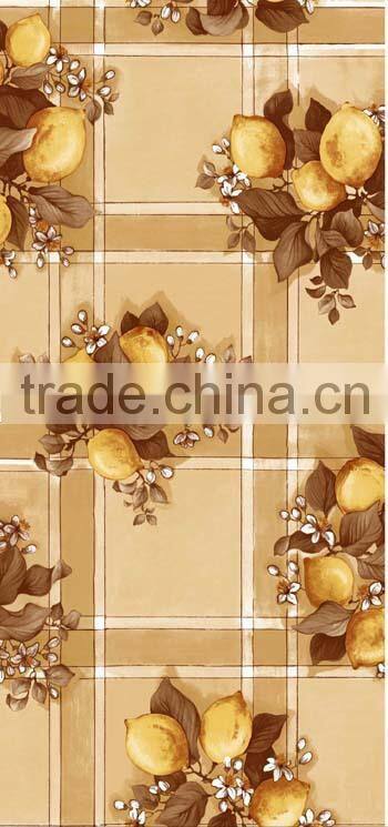2015 Newest printed lemon and checked design plastic table cloth with lace/waved/straight edge