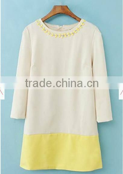 Beige Color Block Rhinestone Three Quarter Length Sleeve Dress