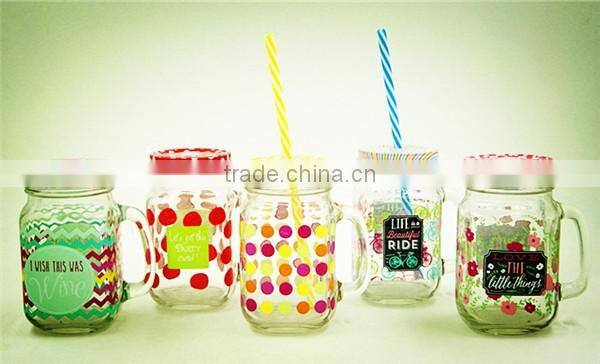 Glass jar decal glass mason jar mug with straw metal lid