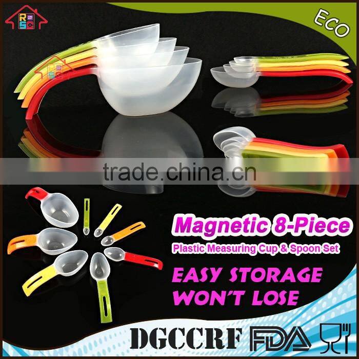 NBRSC Wholesale 8-Piece Individual Stackable Colorful Clear Plastic Magnetic Measuring Cup And Spoon Set for Baking