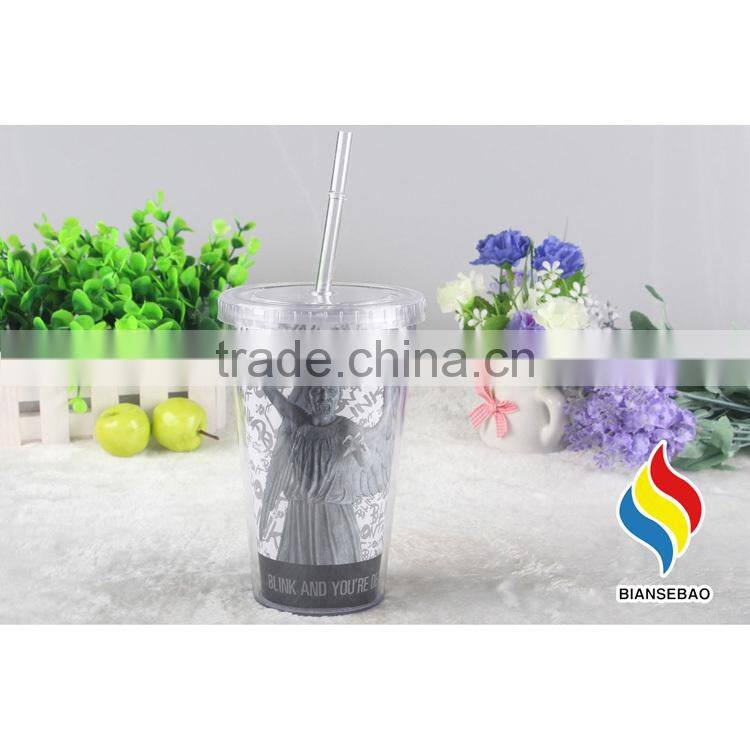 16OZ double wall plastic tumbler with straw