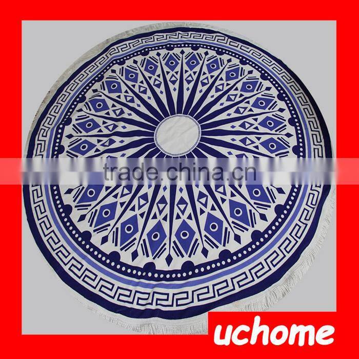 UCHOME High Quality Custom Beach Blanket Reactive Printed Circular 100% Cotton Tassel Beach Towel Round