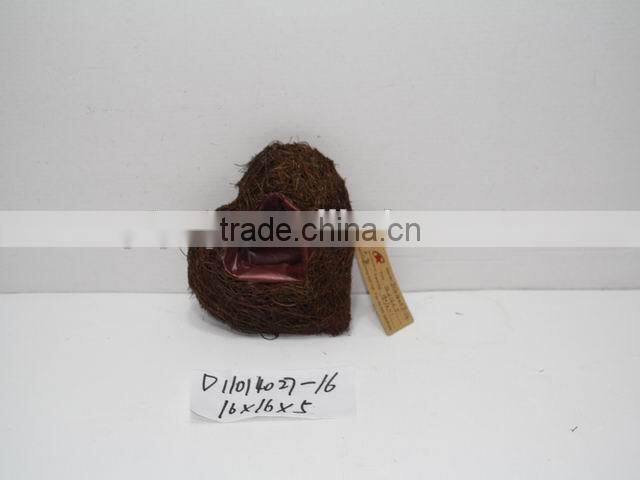 heart-shaped dark brown moss and sisal pot