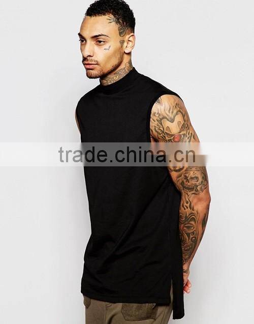 OEM customize men summer longline sleeveless turtle neck black plain t-shirt