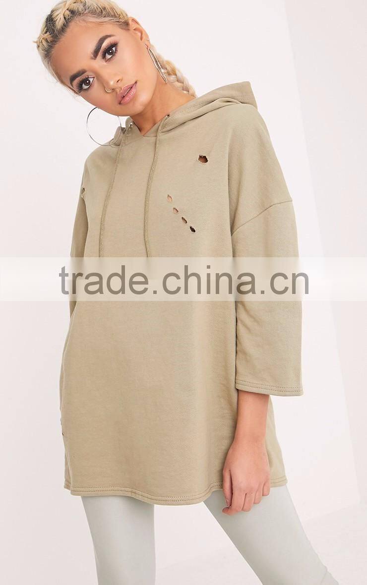 MGOO Women Lightweight Distressed Half Sleeve Hoodie Plain Ripped Pullover With Drawstrings Drop Shoulder