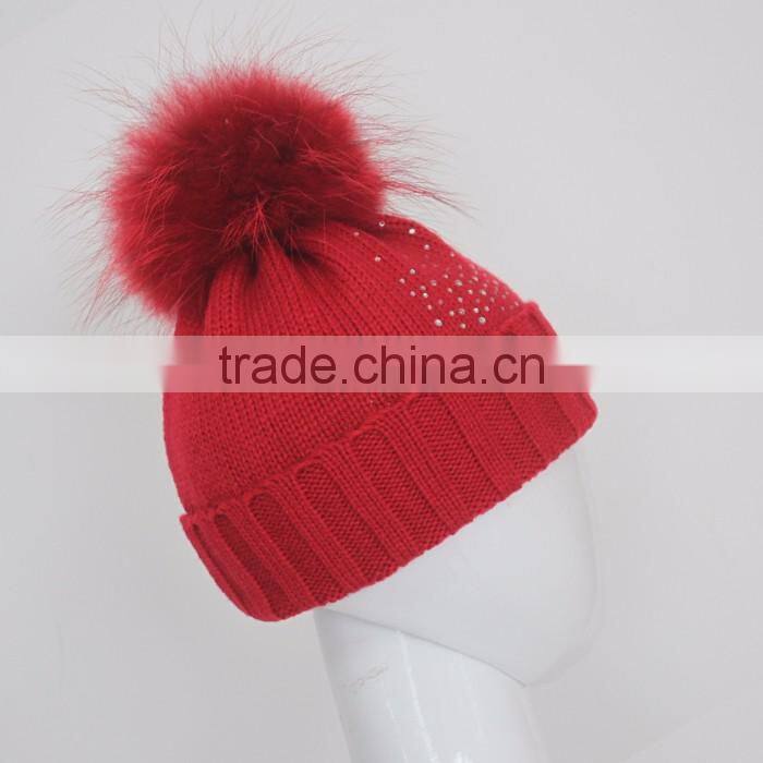 Myfur Elegant White Raccoon Fur Pom Poms Attached Wool Knitting Beanie Hat Wholesale
