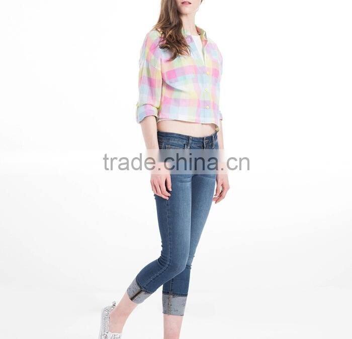Customize White School tartan t shirts china colorful plaid crop top t shirt for women cotton shirt