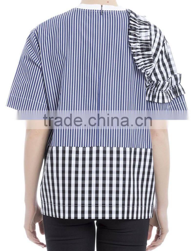 Women's 100% cotton blue striped loose fit t shirt with zipper back