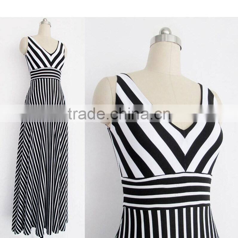 Deep V-Neck sleevless long Dresses elegant style striped Evening Party Summer dresses for wholesale 2016