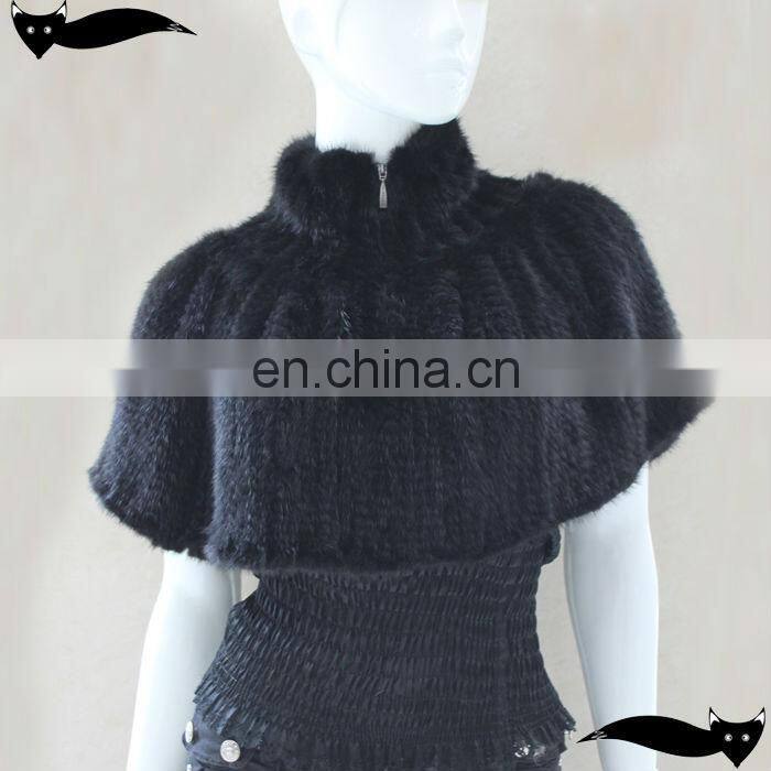 Genuine black knitted mink fur winter shawl