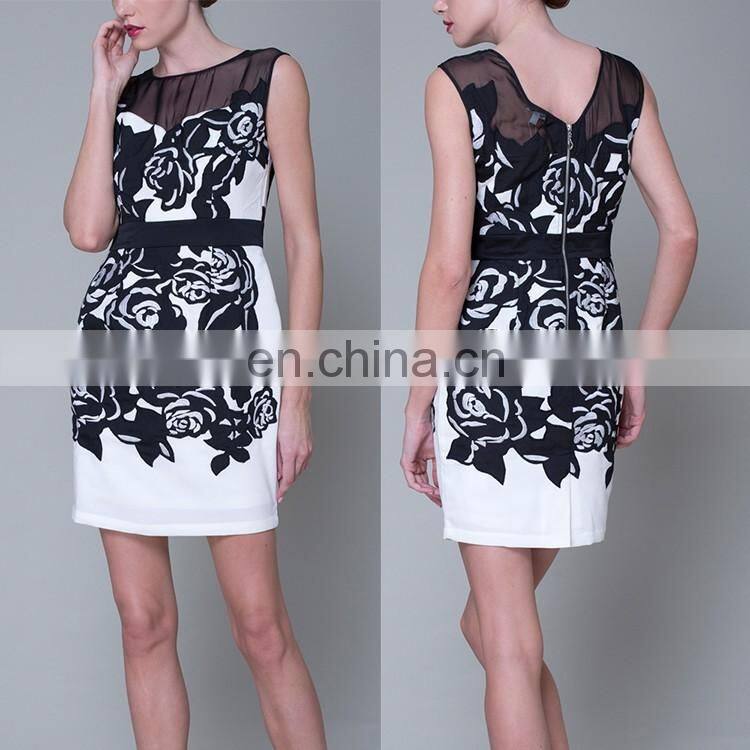 2016 Latest Style Organza Cut-out Back V-neckline Fashion Floral Lace Midi Prom Dress