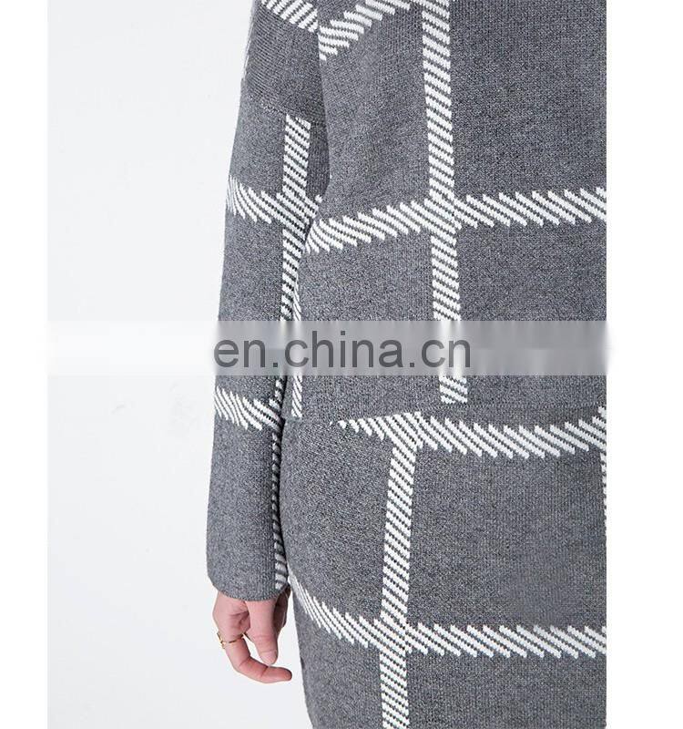 Manufacture wholesale clothing with grey grid check stripe long sleeve mini knit dress bureau