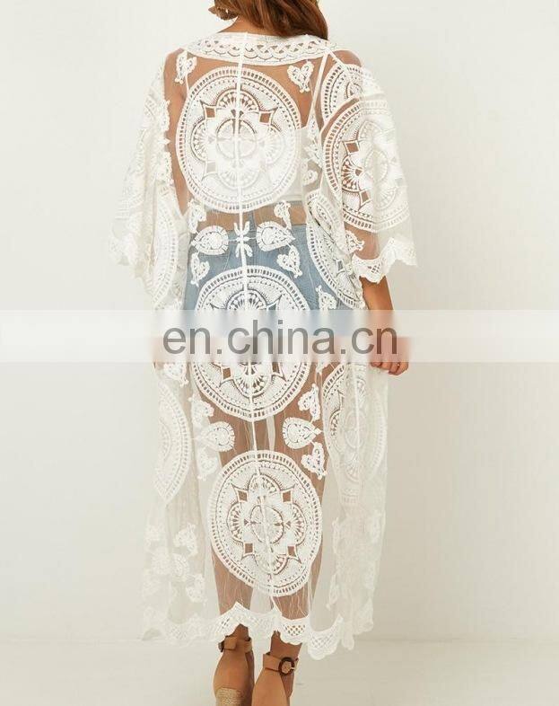 Beach dress floral embroidery swimwear women robe beach cardigan bathing suit cover ups for swimming