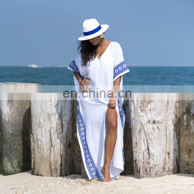 2019 Casual V-Neck Bats Sleeve Side Split Beach Kaftan Loose Summer Dress White Cotton Tunic Women Street Wear Maxi Dress
