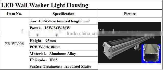 Freecom 18w anodized aluminum led wall washer light shell