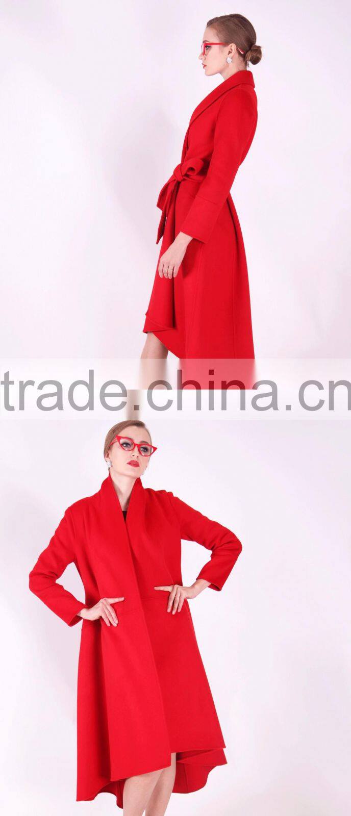 2016 New Design Spring Women Length Slim Fit Wool Coat With Belt