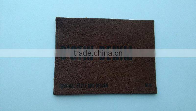 Custom real leather rectangle brown embossed slim patch for jeans