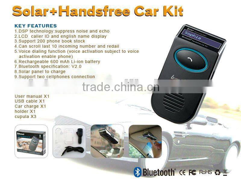 solar power bluetooth handsfree car kit speakerphone with LCD display