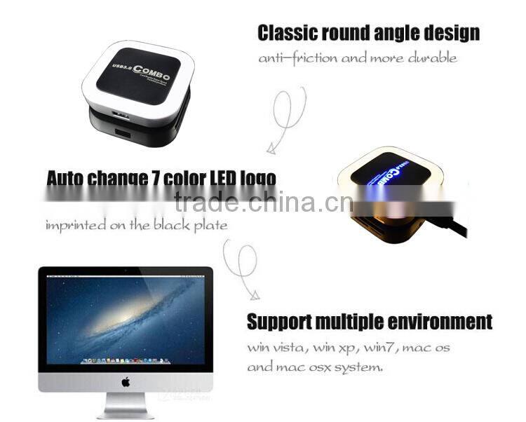 Promotional Gift USB 3.0 HUB with Card Reader Combo with LED Logo