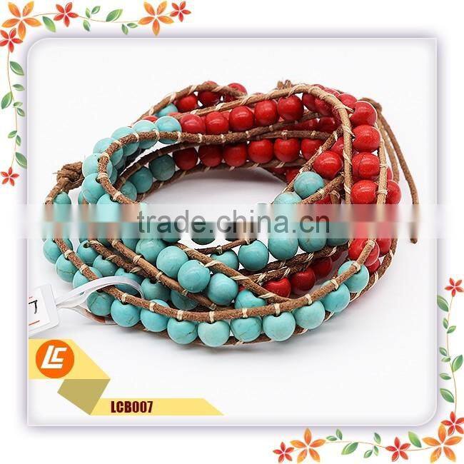 2016 Red Leather Wrap Bracelets with natural coral stones wholesale