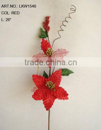 2014 Hot Sale Artificial Christmas Flowers 26" Artificial Velvet Poinsettia Spray